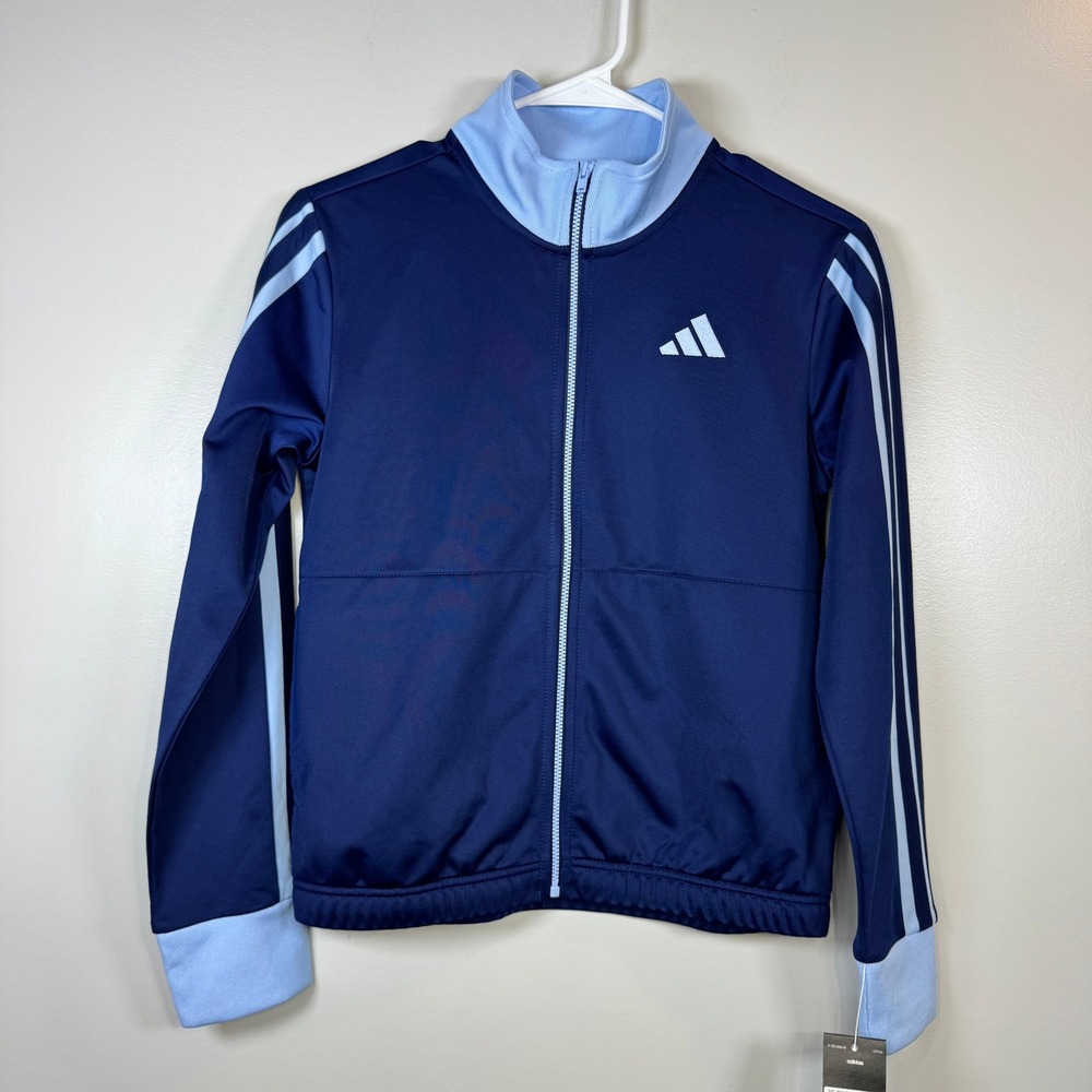 Adidas Tricot Track Jacket Kids 10/12 Navy Blue Colorblock Full Zip Athleisure
